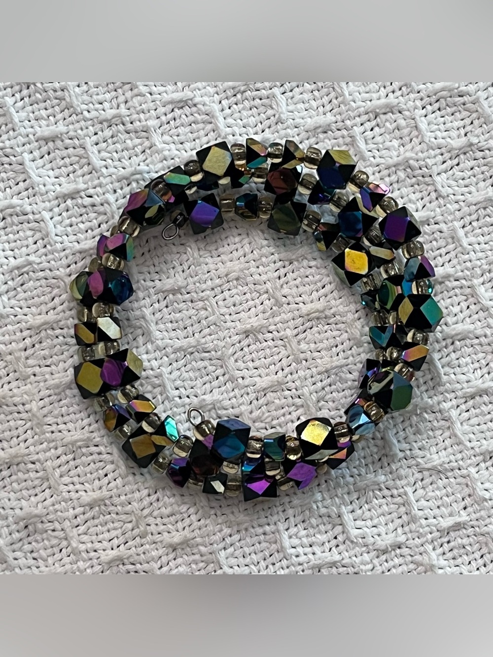 Handmade Black Iridescent Crystal Wrap Bracelet Gold Accents